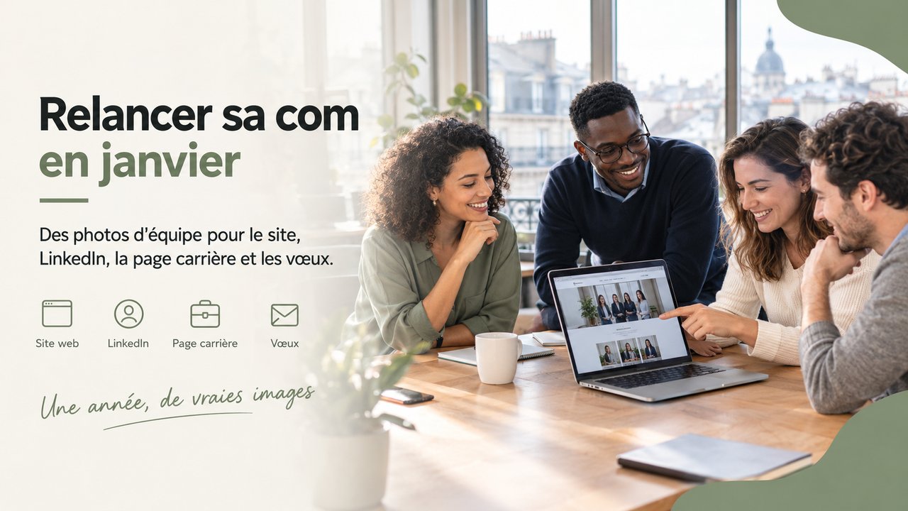 Quatre collègues autour d'un ordinateur portable affichant une page d'équipe, toits de Paris en arrière-plan