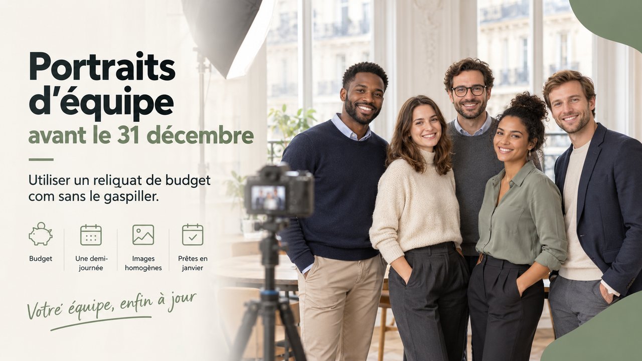 Équipe de cinq collègues souriants dans un bureau haussmannien lumineux, appareil photo sur trépied au premier plan