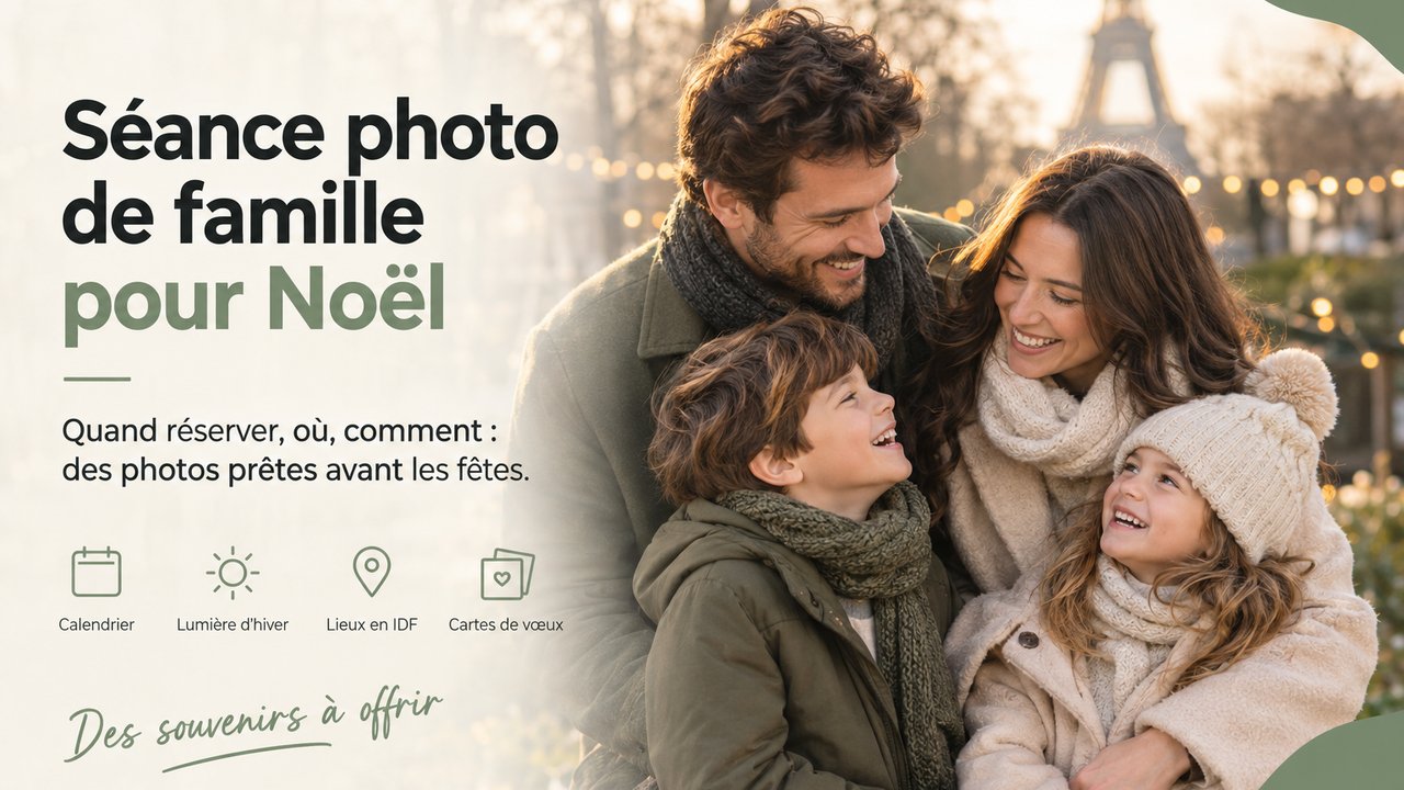 Famille souriante en manteaux d'hiver dans un parc parisien en décembre, tour Eiffel et guirlandes lumineuses en arrière-plan