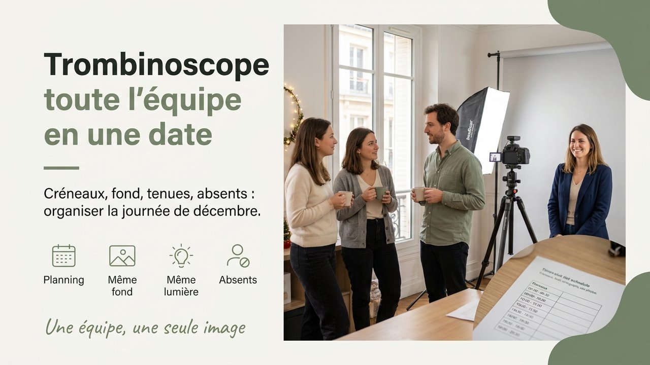 Collègues un café à la main attendant leur portrait devant un mini-studio photo installé dans un bureau parisien en décembre