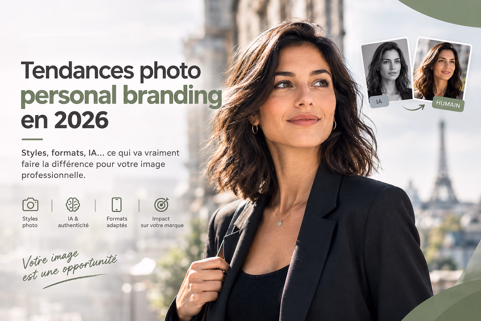 Portrait personal branding en mouvement dans une rue de Paris, lumière naturelle de fin d'après-midi